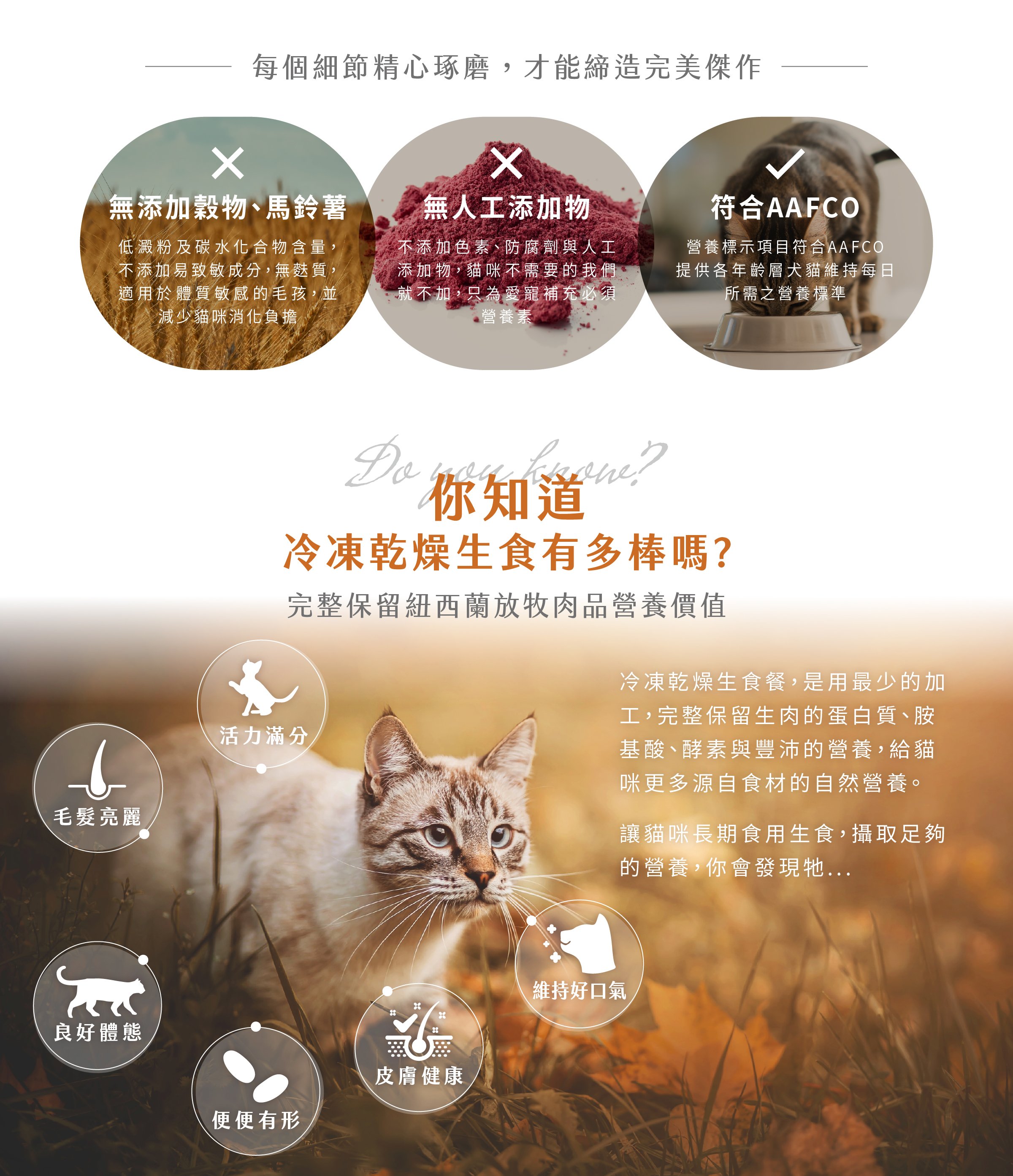 冷凍乾燥生食無添加穀物、馬鈴薯、無色素防腐劑等人工添加物，符合AAFCO之營養標準。已最少的加工，保留生肉蛋白質、胺基酸 等營養。