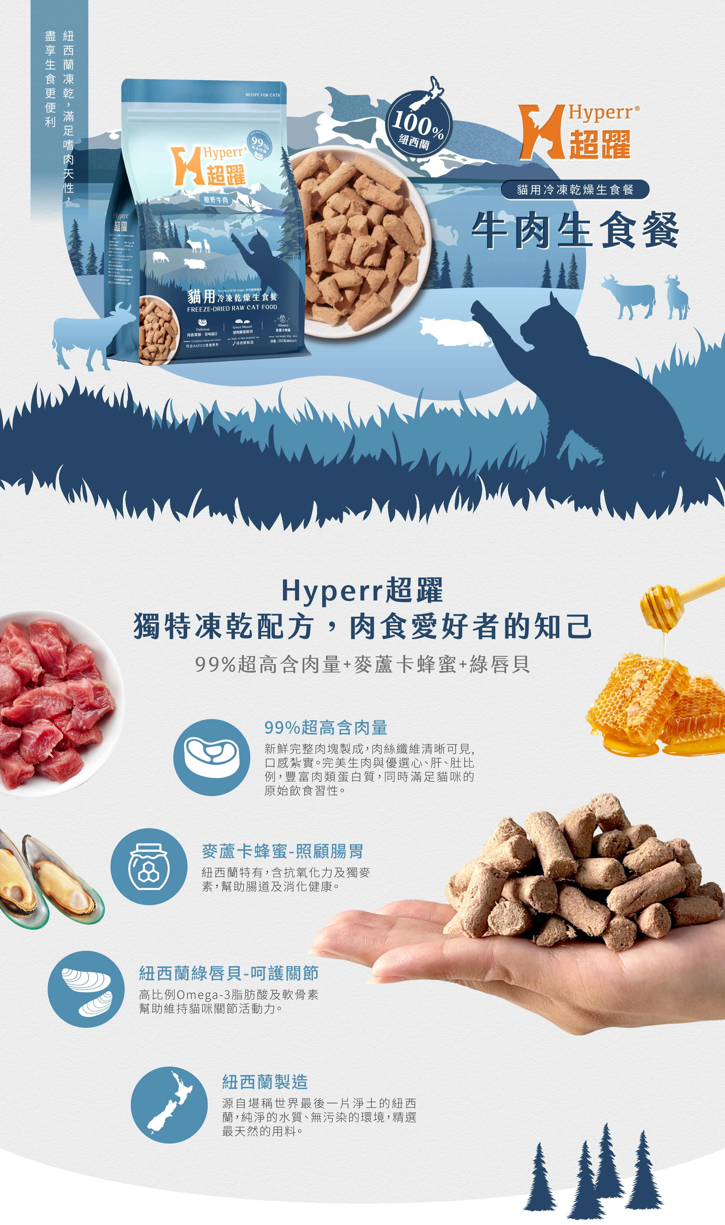 Hyperr超躍牛肉生食餐,獨特冷凍乾燥配方,高達99%含肉量,添加麥蘆卡蜂蜜及綠唇貝,幫助腸胃消化以及關節照護,紐西蘭製作的原肉飲食,滿足貓咪最原始的食性。 Hyperr超躍牛肉生食餐,獨特冷凍乾燥配方,高達99%含肉量,添加麥蘆卡蜂蜜及綠唇貝,幫助腸胃消化以及關節照護,紐西蘭製作的原肉飲食,滿足貓咪最原始的食性。