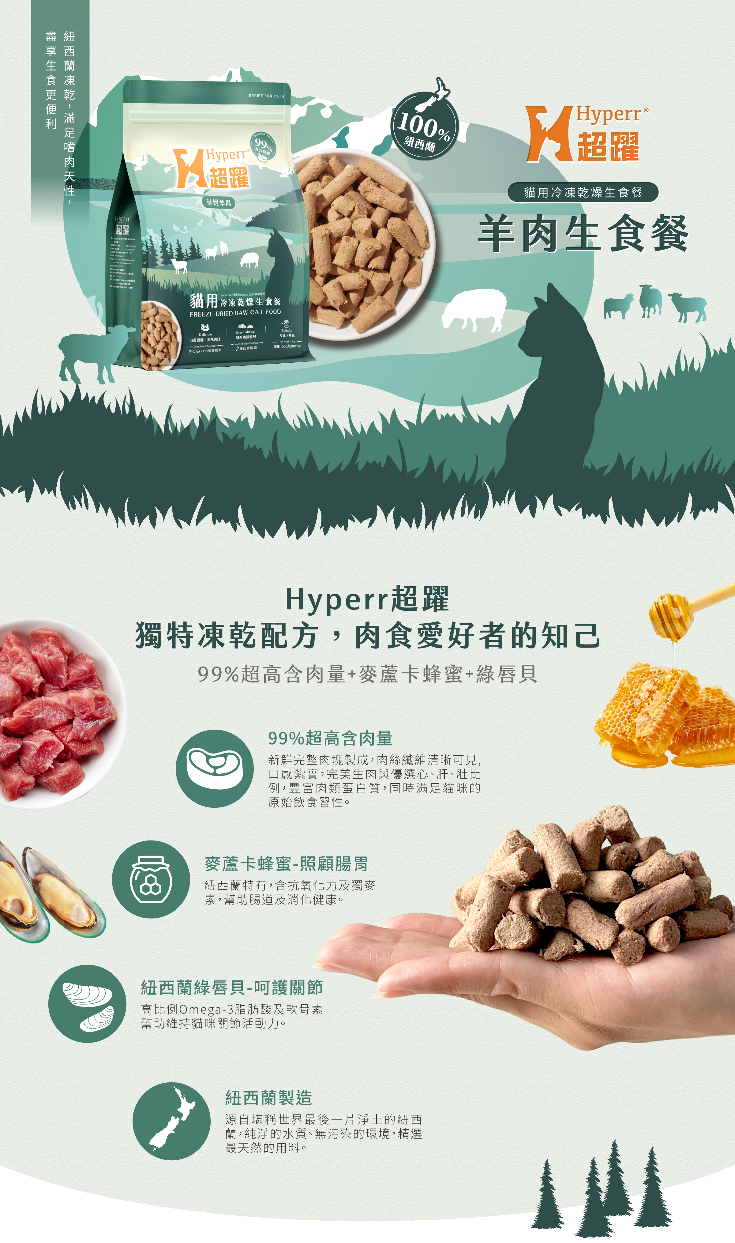 Hyperr超躍羊肉生食餐，獨特冷凍乾燥配方，高達99%含肉量，添加麥蘆卡蜂蜜及綠唇貝，幫助腸胃消化以及關節照護，紐西蘭製作的原肉飲食，滿足貓咪最原始的食性。