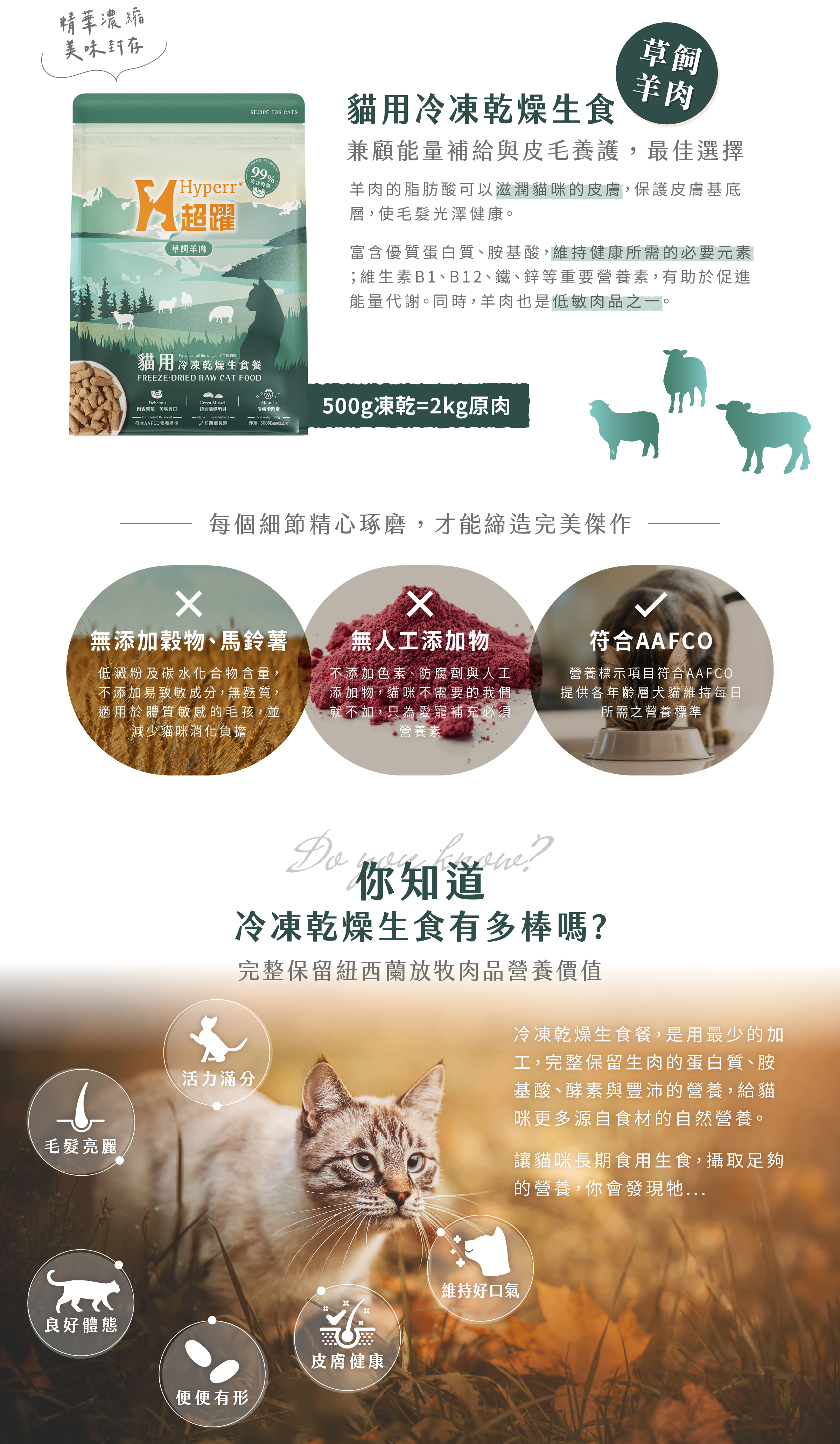 草飼羊肉口味，富含脂肪酸可滋潤皮膚基底層，低致敏的特性，幫助皮膚保健。堅持無人工添加物、符合AAFCO飲食標準，用最少的加工，保留放牧肉品的原肉營養。