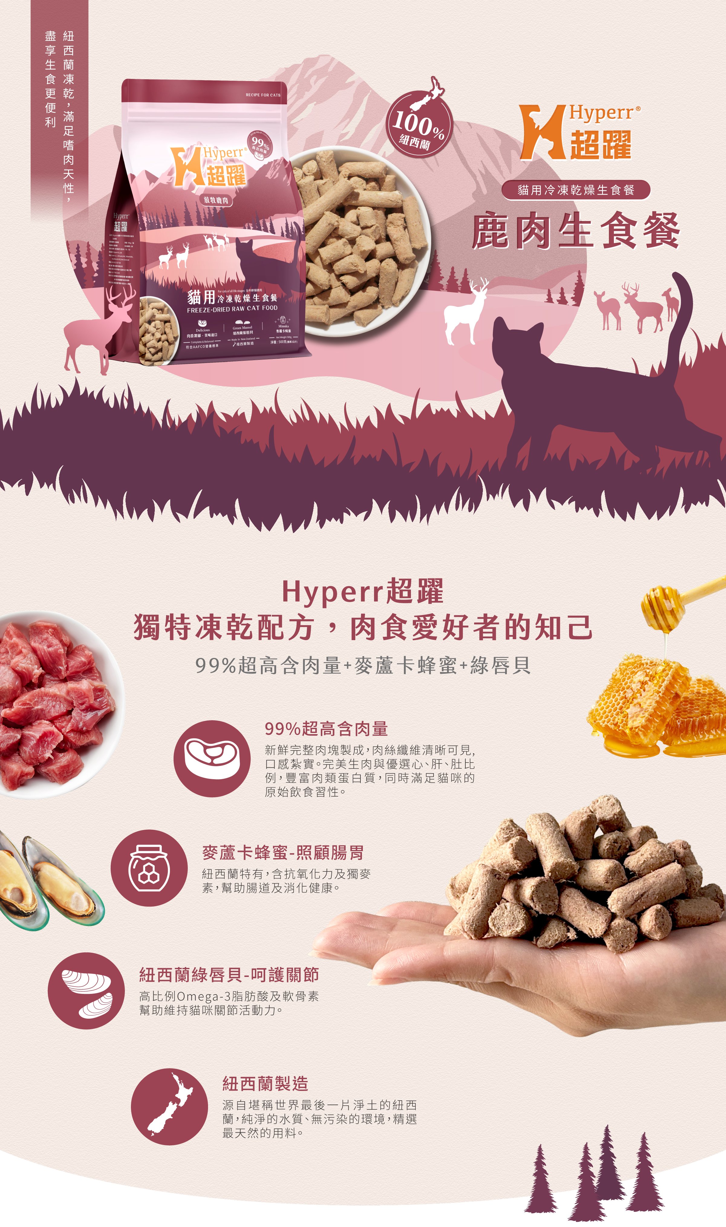 Hyperr超躍鹿肉生食餐，獨特冷凍乾燥配方，高達99%含肉量，添加麥蘆卡蜂蜜及綠唇貝，幫助腸胃消化以及關節照護，紐西蘭製作的原肉飲食，滿足貓咪最原始的食性。
