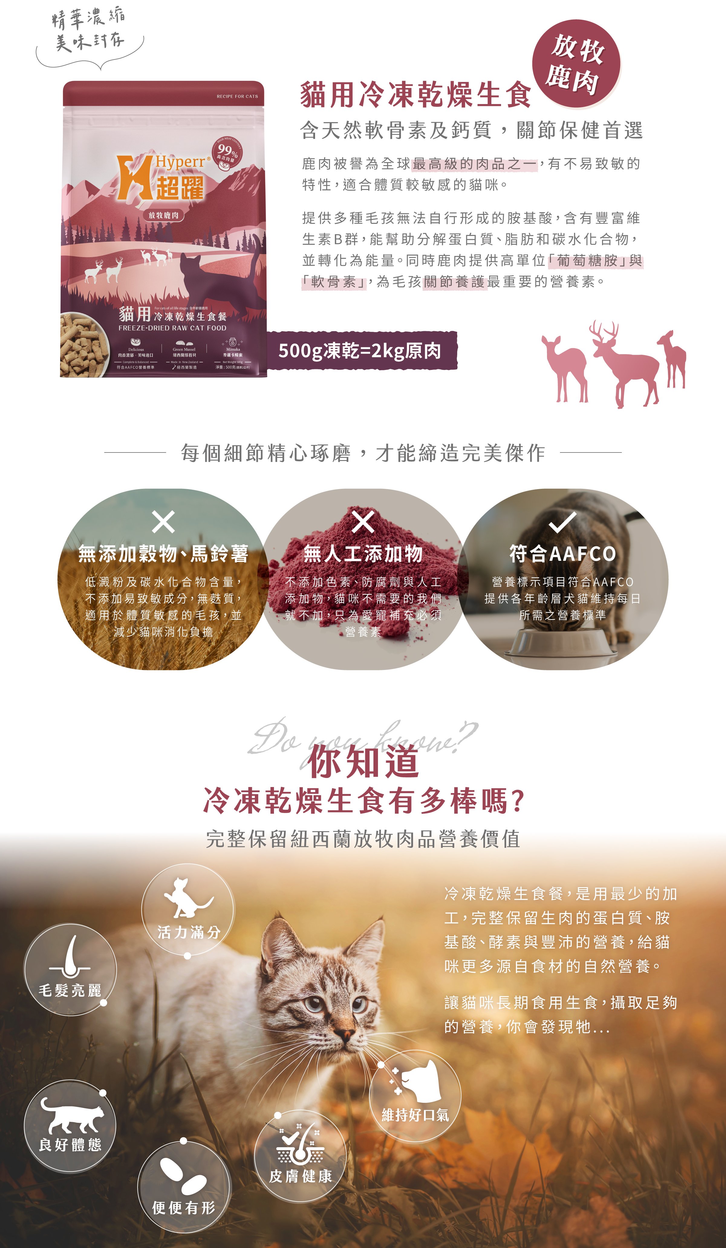 放牧鹿肉口味，提供高單位的葡萄糖胺及軟骨素，提供關節養護所需營養。堅持無人工添加物、符合AAFCO飲食標準，用最少的加工，保留放牧肉品的原肉營養。