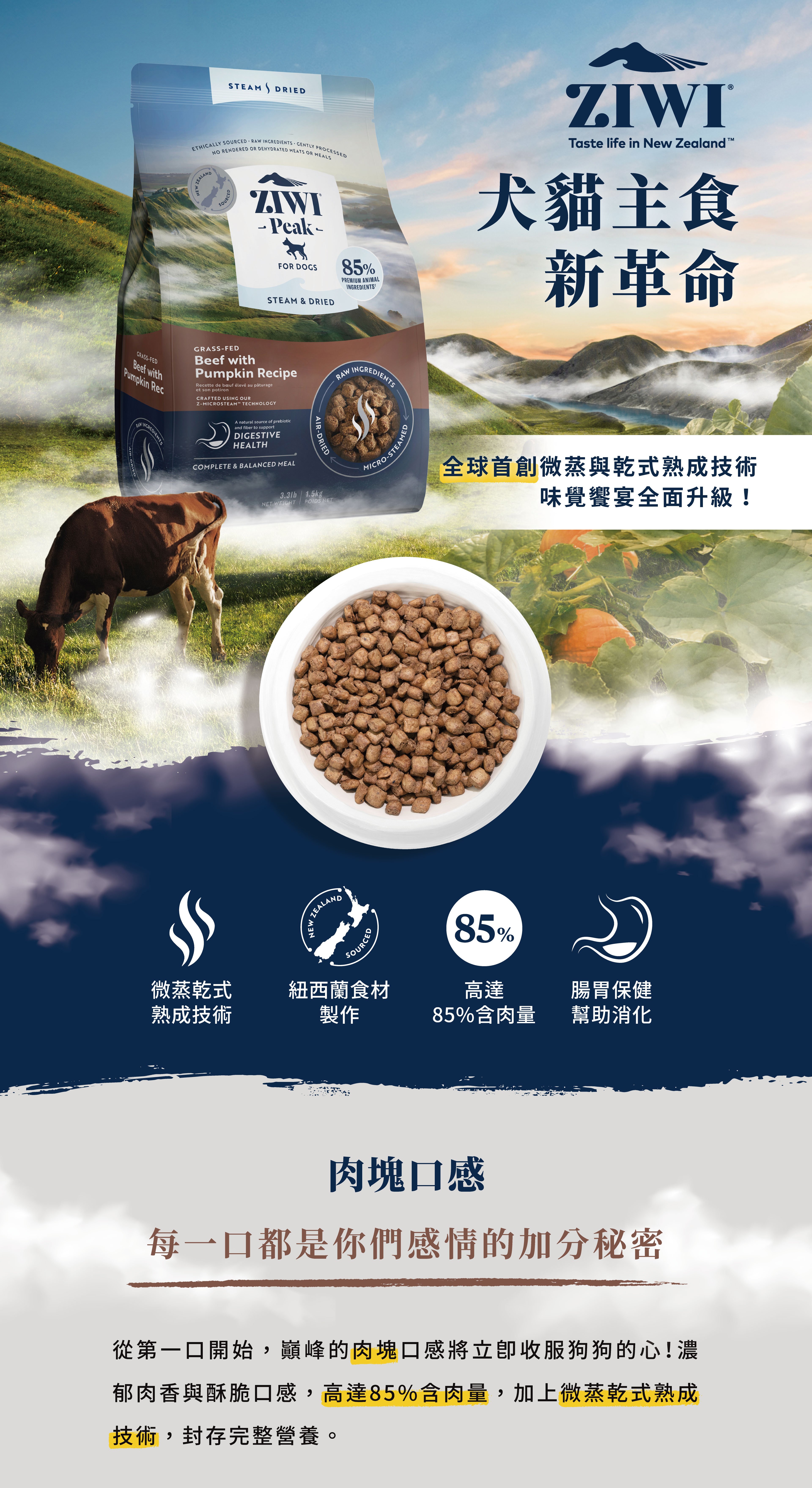 紐西蘭巔峰微蒸主食貓狗鮮肉糧，最高90%含肉量，獨創微蒸熟成技術，保存原肉濃郁香氣，封存完整營養。