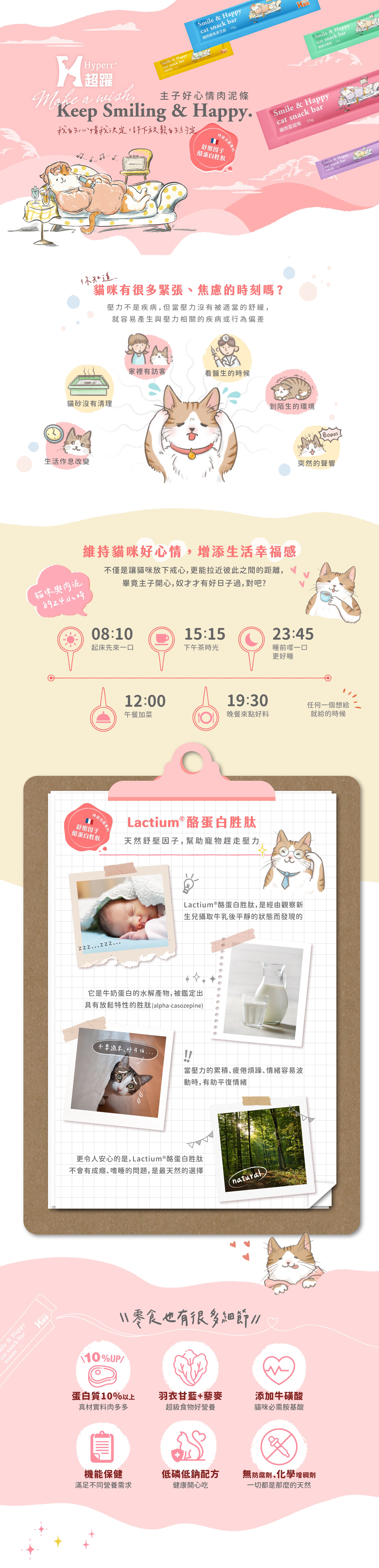 Hyperr超躍好心情肉泥條，維持貓咪好心情，增添生活幸福感。添加法國專利酪蛋白胜肽，天然舒壓因子，幫助平復情緒。蛋白質10%以上，低磷低鈉配方健康開心吃，機能保健滿足不同營養需求。