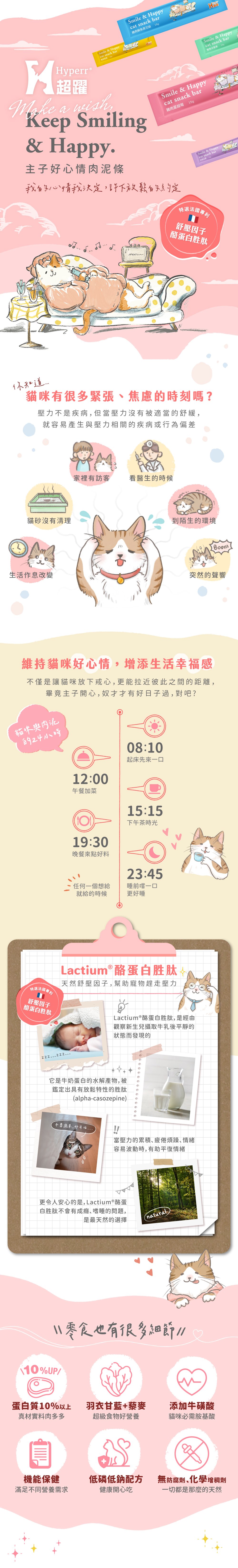 Hyperr超躍好心情肉泥條，維持貓咪好心情，增添生活幸福感。添加法國專利酪蛋白胜肽，天然舒壓因子，幫助平復情緒。蛋白質10%以上，低磷低鈉配方健康開心吃，機能保健滿足不同營養需求。