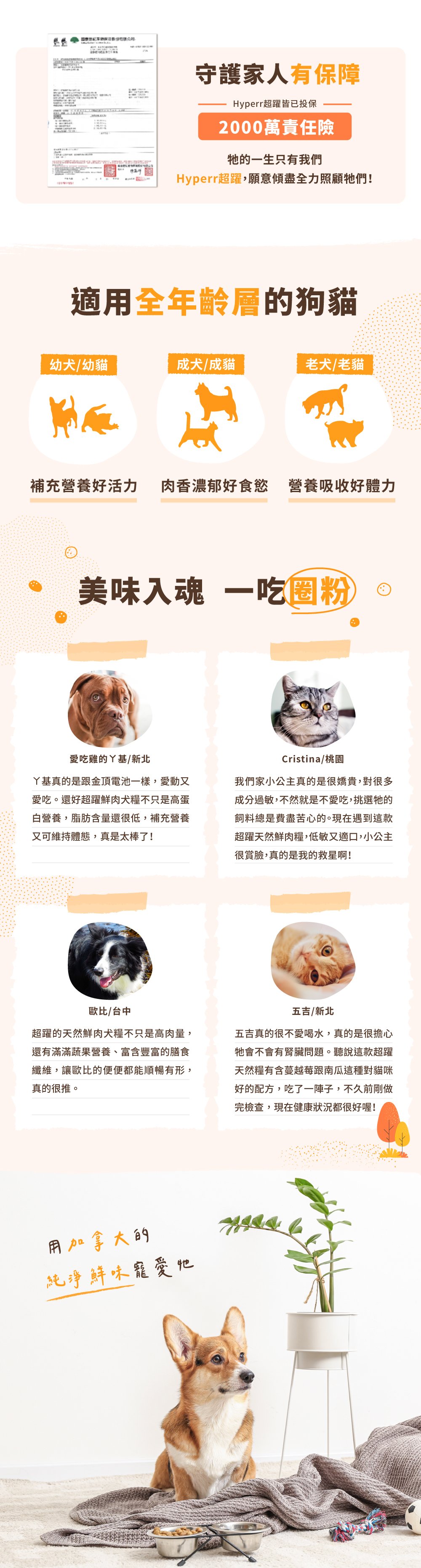 Hyperr無穀天然鮮肉糧適用全年齡層的犬貓。幼犬幼貓可補充營養好活力；肉香濃郁讓成犬貓都有好食慾；營養配方幫助老犬貓吸收好體力。