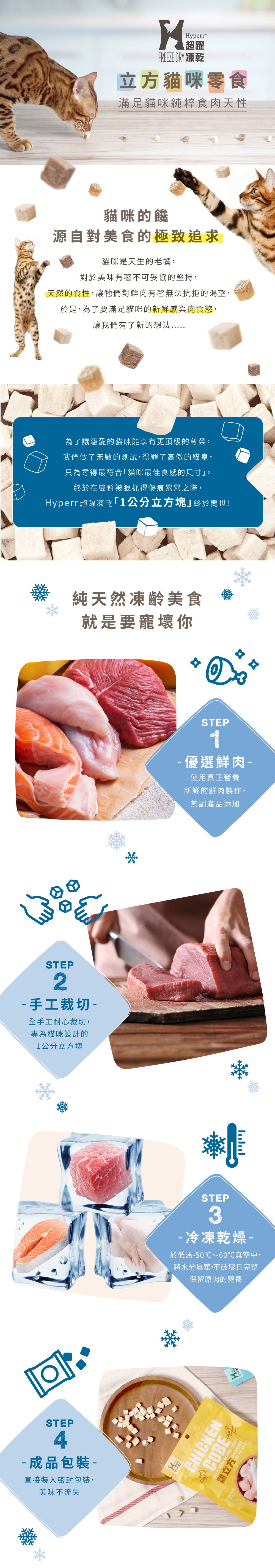 Hyperr立方貓咪零食，符合貓咪最佳食感尺寸，嚴選優質鮮肉，手工裁切一公分大小，冷凍乾燥不破壞原肉的營養，直接密封包裝美味不流失。