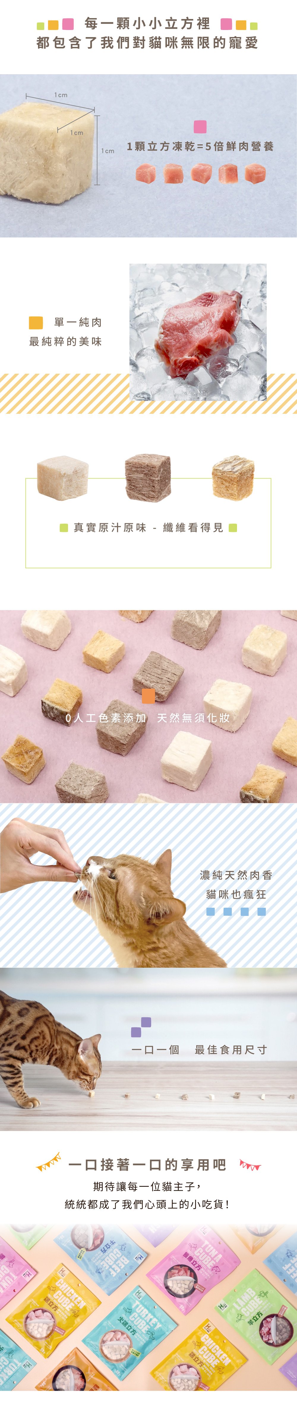 1顆立方凍乾零食等於5倍的鮮肉營養，單一肉類也好食，0人工色素添加，濃純天然肉香，一口一口最佳食用尺寸。