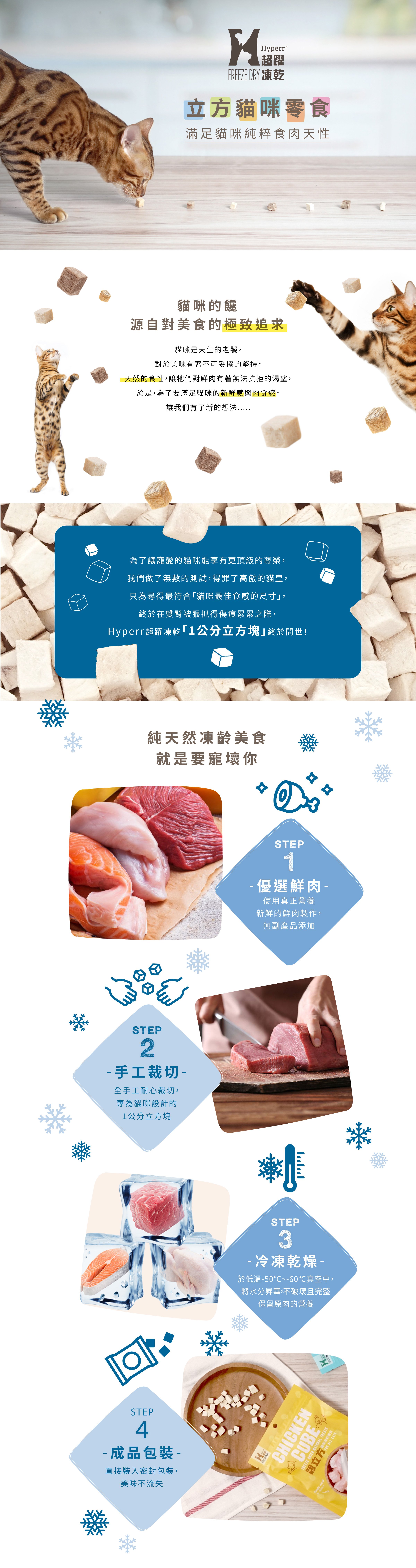 Hyperr立方貓咪零食，符合貓咪最佳食感尺寸，嚴選優質鮮肉，手工裁切一公分大小，冷凍乾燥不破壞原肉的營養，直接密封包裝美味不流失。