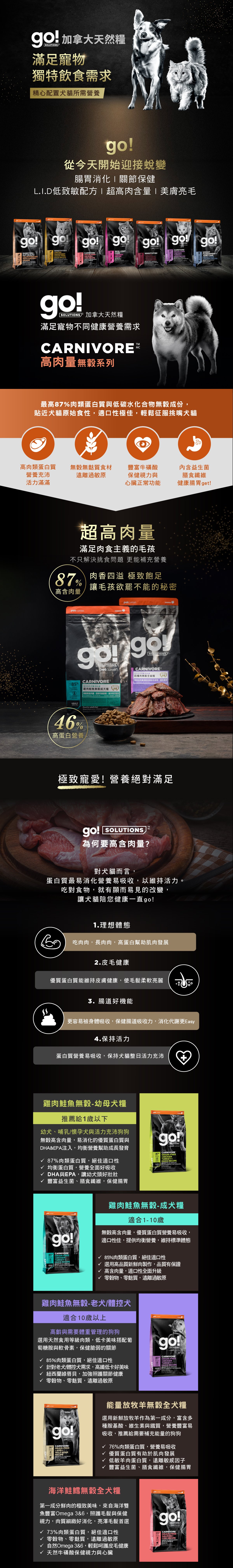 go!全方位天然糧，滿足寵物不同健康飲食需求。高肉量無穀系列犬糧，貼近犬貓原始食性，適口性極佳。高肉類蛋白質，營養好吸收；無穀無麩質食材，遠離過敏原；添加益生菌及膳食纖維，保健腸胃健康。蛋白質易消化好吸收，幫助維持理想體態、維護皮毛健康、消化吸收好幫助腸道好機能，補給每日活動力。雞肉鮭魚幼母犬糧：豐富DHA、EPA，幫助幼犬頭好壯壯。雞肉鮭魚成犬糧：高含肉量，適口性全面升級，無穀無麩質遠離過敏原。雞肉鮭魚老犬糧：紐西蘭綠唇貝加強關節照護，高纖低卡幫助體重管理。能量放牧羊犬糧：優質蛋白質幫助肌肉發展。海洋鮭鱈全犬糧：天然牛磺酸保健視力，Omega3呵護皮毛健康。