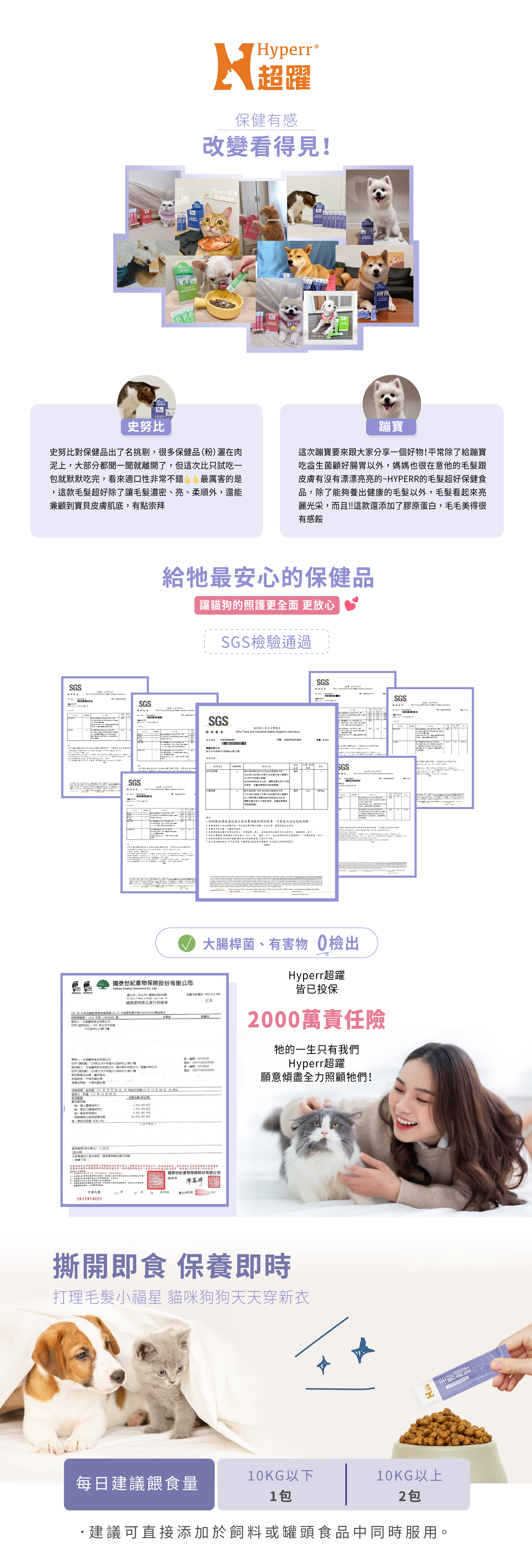 撕開即食，保養即時，每10公斤以下一天1包，10公斤以上一天2包。