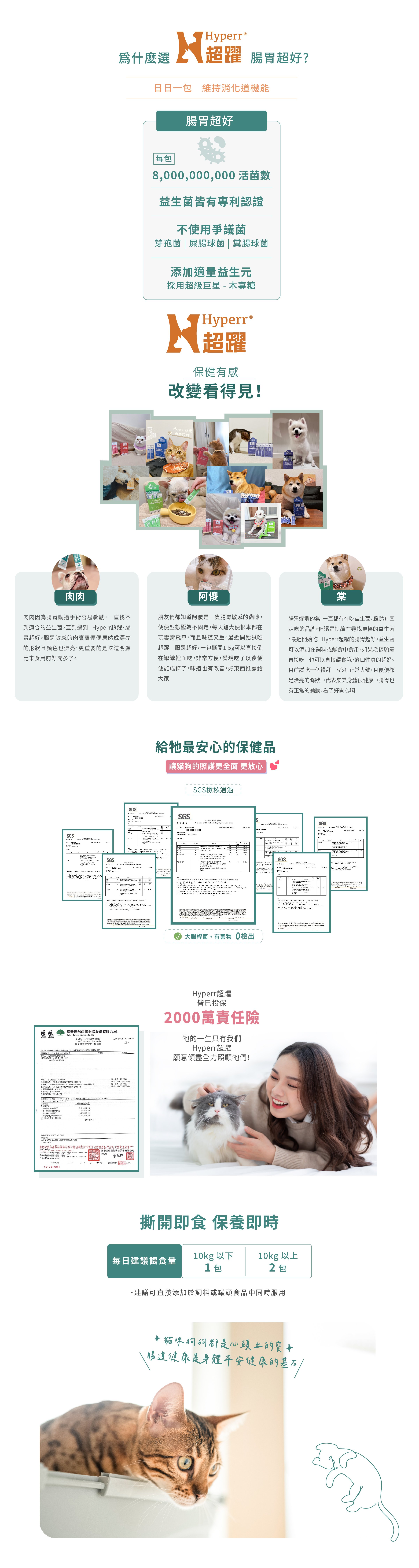 Hyperr腸胃超好益生菌，日日一包消化有幫助。撕開即食，保養即時，每10公斤以下一天1包，10公斤以上一天2包。