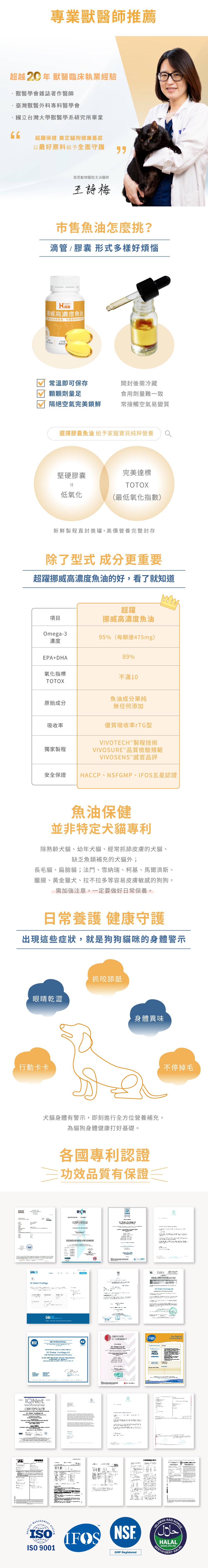 Hyperr_高濃度魚油_商品說明頁MB_02 Hyperr挪威高濃度魚油,嚴選挪威海域深海小型魚製作,rTG型轉換高吸收率,業界頂規89% EPA+DHA,Omega-3濃度保證95%,11項國際級認證,打造犬貓健康好基礎。天然魚油富含Omega-3,對皮膚、毛髮、關節都有相當好的保健作用,加上魚油特有的DHA、EPA,對眼睛、腦部等生理機能,都相當有助益。魚油挑選有以下關鍵:1、高濃度,需超過80%以上的濃度,才不會攝取到其他雜油。2、高吸收,rTG型魚油吸收度較高、分子量較小,身體無負擔。3、高品質,有國際多國認證,追求最低氧化指數。