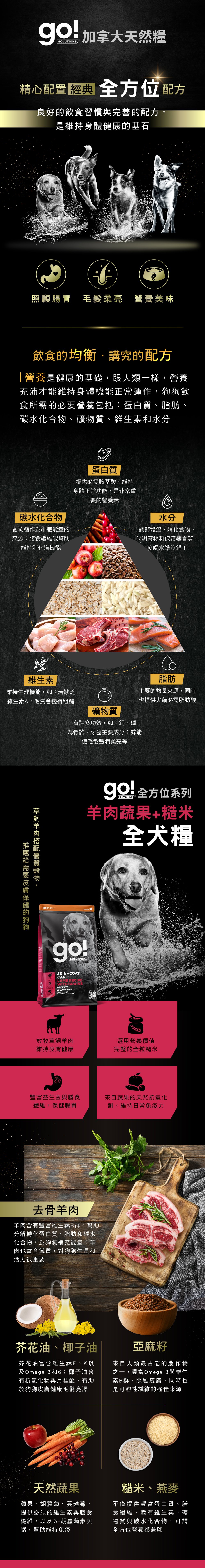 go!全方位天然糧，滿足寵物不同健康飲食需求。皮毛保健系列犬糧，針對皮膚與毛髮保健設計，豐富Omega油脂，幫助柔亮毛髮，益生菌注入，幫助腸胃健康。來自蔬果天然抗氧化劑，幫助皮膚保健。全方位蔬果全犬糧，以低脂蛋白質搭配新鮮蔬果莓果及鮭魚油，搭配全粒完整糙米，保健皮膚狀態，維持自然保護力。