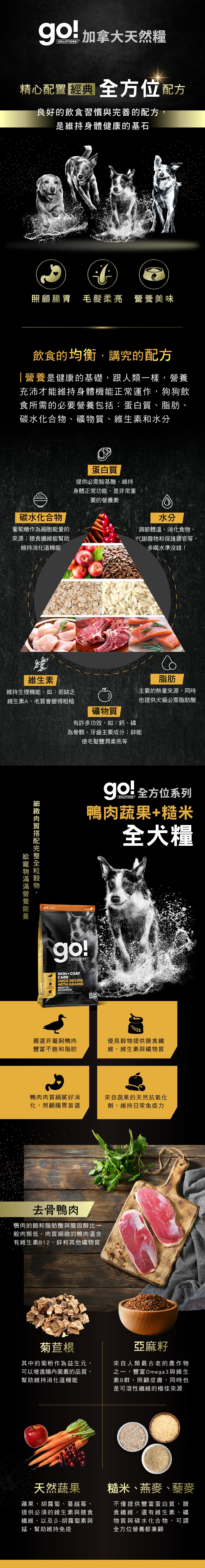 go!全方位天然糧,滿足寵物不同健康飲食需求。皮毛保健系列犬糧,針對皮膚與毛髮保健設計,豐富Omega油脂,幫助柔亮毛髮,益生菌注入,幫助腸胃健康。來自蔬果天然抗氧化劑,幫助皮膚保健。全方位蔬果全犬糧,以低脂蛋白質搭配新鮮蔬果莓果及鮭魚油,搭配全粒完整糙米,保健皮膚狀態,維持自然保護力。 go!全方位天然糧,滿足寵物不同健康飲食需求。皮毛保健系列犬糧,針對皮膚與毛髮保健設計,豐富Omega油脂,幫助柔亮毛髮,益生菌注入,幫助腸胃健康。來自蔬果天然抗氧化劑,幫助皮膚保健。全方位蔬果全犬糧,以低脂蛋白質搭配新鮮蔬果莓果及鮭魚油,搭配全粒完整糙米,保健皮膚狀態,維持自然保護力。