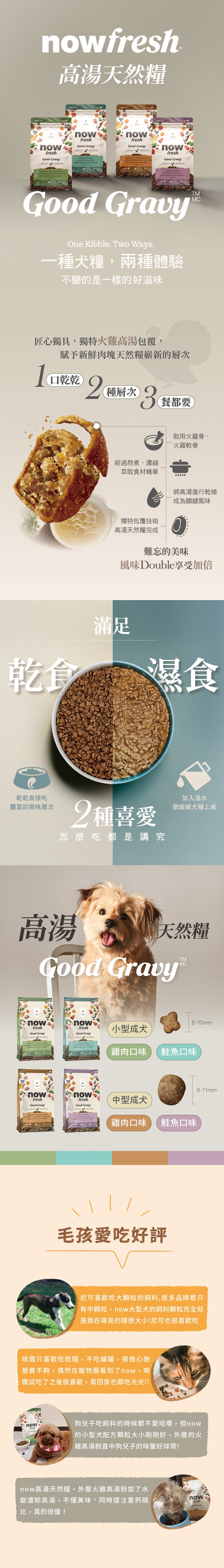 now高湯天然糧，一種犬糧兩種體驗。獨特火雞高湯粉包覆技術，一口乾乾，兩種層次，三餐都想要。乾食濕食接可搭配餵食，直接吃層次豐富，添加溫水，燉飯級犬糧上桌。使用去骨肉塊，外層採火雞高湯添加風味，均衡鈣磷比，維持骨骼健康與生理機能。搭配天然蔬果，以及古代穀物，提供必需維生素B群及礦物質。分別有小型犬及中型犬配方，口味分別是雞肉及鮭魚。全程低溫製作，第一手新鮮優質油品搭配20種以上的天然蔬果，專為不同體型狗狗設計，獲得WDJ連續推薦犬糧。