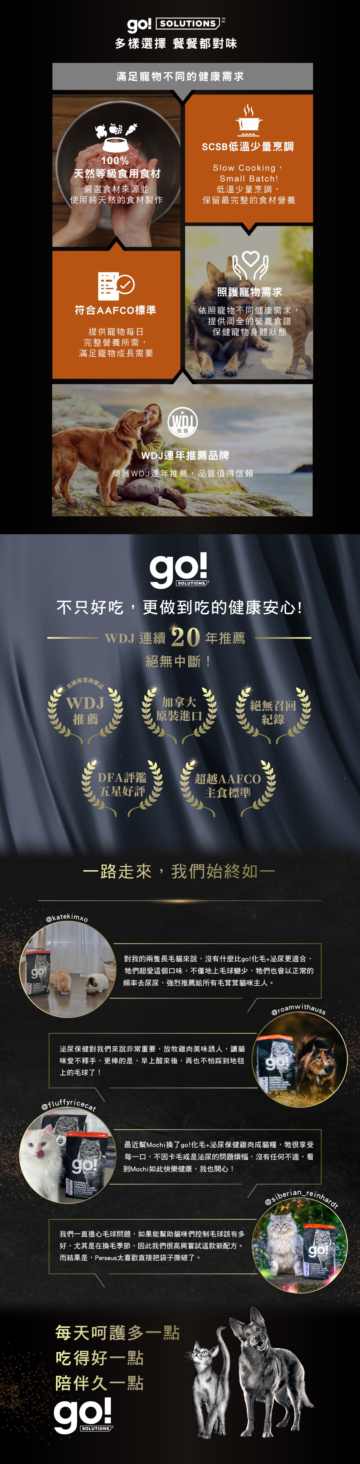 加拿大原裝進口，100%天然等級食用食材，SCSB低溫少量烹調，保留最完整的營養食材，符合AAFCO寵物每日營養所需。WDJ連年推薦品牌。go!全方位飼料滿足寵物不同健康需求。