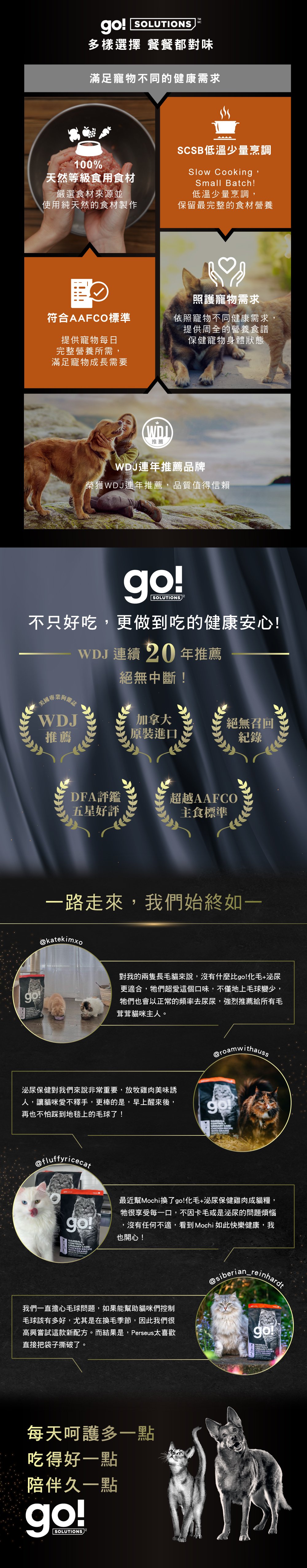 加拿大原裝進口，100%天然等級食用食材，SCSB低溫少量烹調，保留最完整的營養食材，符合AAFCO寵物每日營養所需。WDJ連年推薦品牌。go!全方位飼料滿足寵物不同健康需求。