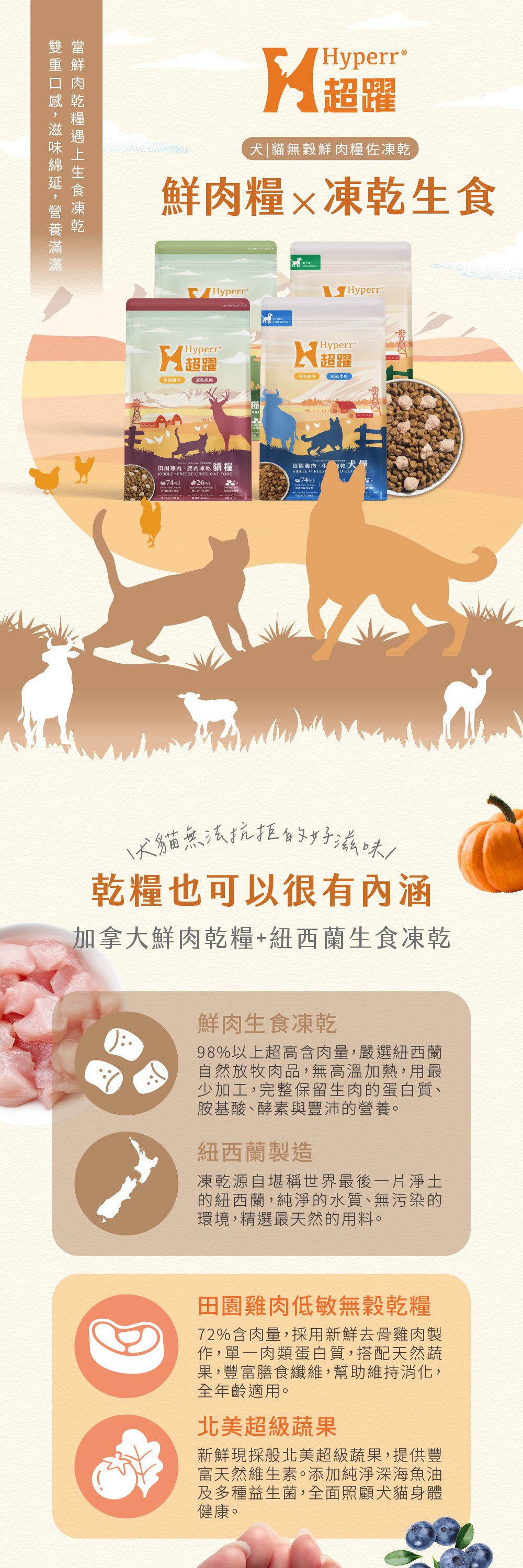 Hyperr無穀天然鮮肉糧佐凍乾,第一成分為新鮮雞肉搭配北美超級蔬果,添加凍乾生肉,雙重口感一次滿足,高達74%含肉量,符合AAFCO食品標準主張,無穀、無馬鈴薯、無人工添加物。飼料取自加拿大新鮮肉品製作,凍乾來自紐西蘭純淨肉源,食材可溯源,安心有保障。 Hyperr無穀天然鮮肉糧佐凍乾,第一成分為新鮮雞肉搭配北美超級蔬果,添加凍乾生肉,雙重口感一次滿足,高達74%含肉量,符合AAFCO食品標準主張,無穀、無馬鈴薯、無人工添加物。飼料取自加拿大新鮮肉品製作,凍乾來自紐西蘭純淨肉源,食材可溯源,安心有保障。