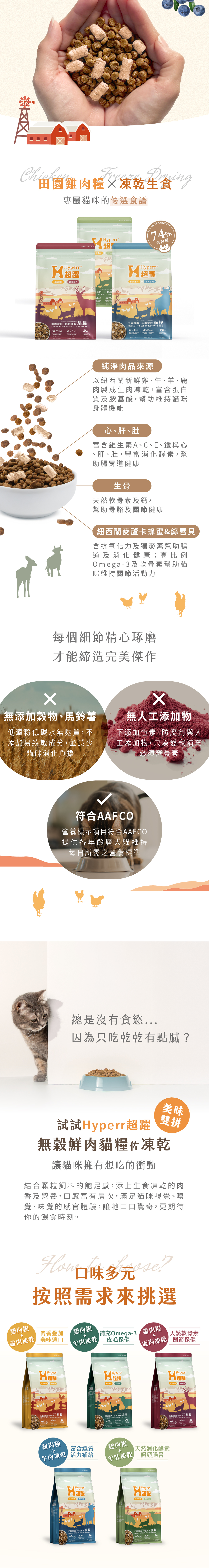 顆粒飼料的飽足感，搭配冷凍乾燥生食的營養，口感豐富有層次，雙重滋味更添美味。口味多元可以按照需求挑選。雞肉口味：肉香加疊適口性最佳；羊肉口味：豐富Omega3幫助皮毛保健；牛肉口味：富含鐵質，活力補給；鹿肉：天然軟骨素，照顧關節保健。