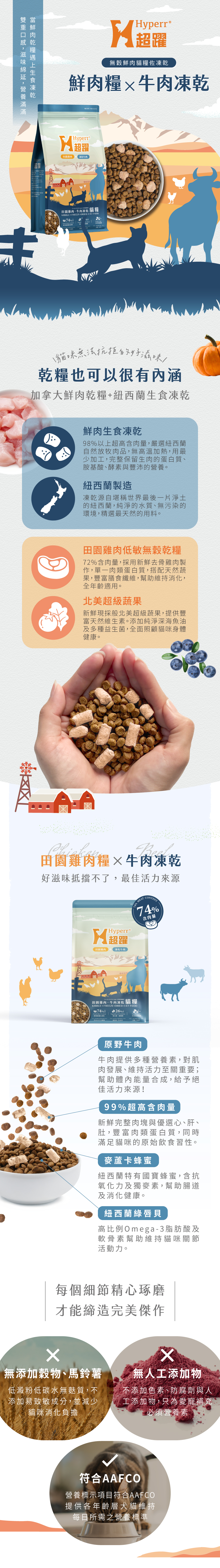 Hyperr無穀天然鮮肉糧佐凍乾,第一成分為新鮮雞肉搭配北美超級蔬果,添加凍乾生肉,雙重口感一次滿足,高達74%含肉量,符合AAFCO食品標準主張,無穀、無馬鈴薯、無人工添加物。飼料取自加拿大新鮮肉品製作,凍乾來自紐西蘭純淨肉源,食材可溯源,安心有保障。顆粒飼料的飽足感,搭配冷凍乾燥生食的營養,口感豐富有層次,雙重滋味更添美味。 Hyperr無穀天然鮮肉糧佐凍乾,第一成分為新鮮雞肉搭配北美超級蔬果,添加凍乾生肉,雙重口感一次滿足,高達74%含肉量,符合AAFCO食品標準主張,無穀、無馬鈴薯、無人工添加物。飼料取自加拿大新鮮肉品製作,凍乾來自紐西蘭純淨肉源,食材可溯源,安心有保障。顆粒飼料的飽足感,搭配冷凍乾燥生食的營養,口感豐富有層次,雙重滋味更添美味。