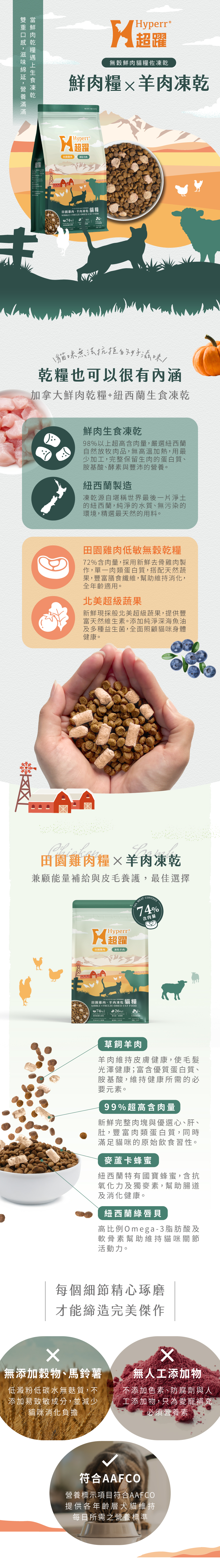 Hyperr無穀天然鮮肉糧佐凍乾,第一成分為新鮮雞肉搭配北美超級蔬果,添加凍乾生肉,雙重口感一次滿足,高達74%含肉量,符合AAFCO食品標準主張,無穀、無馬鈴薯、無人工添加物。飼料取自加拿大新鮮肉品製作,凍乾來自紐西蘭純淨肉源,食材可溯源,安心有保障。 Hyperr無穀天然鮮肉糧佐凍乾,第一成分為新鮮雞肉搭配北美超級蔬果,添加凍乾生肉,雙重口感一次滿足,高達74%含肉量,符合AAFCO食品標準主張,無穀、無馬鈴薯、無人工添加物。飼料取自加拿大新鮮肉品製作,凍乾來自紐西蘭純淨肉源,食材可溯源,安心有保障。