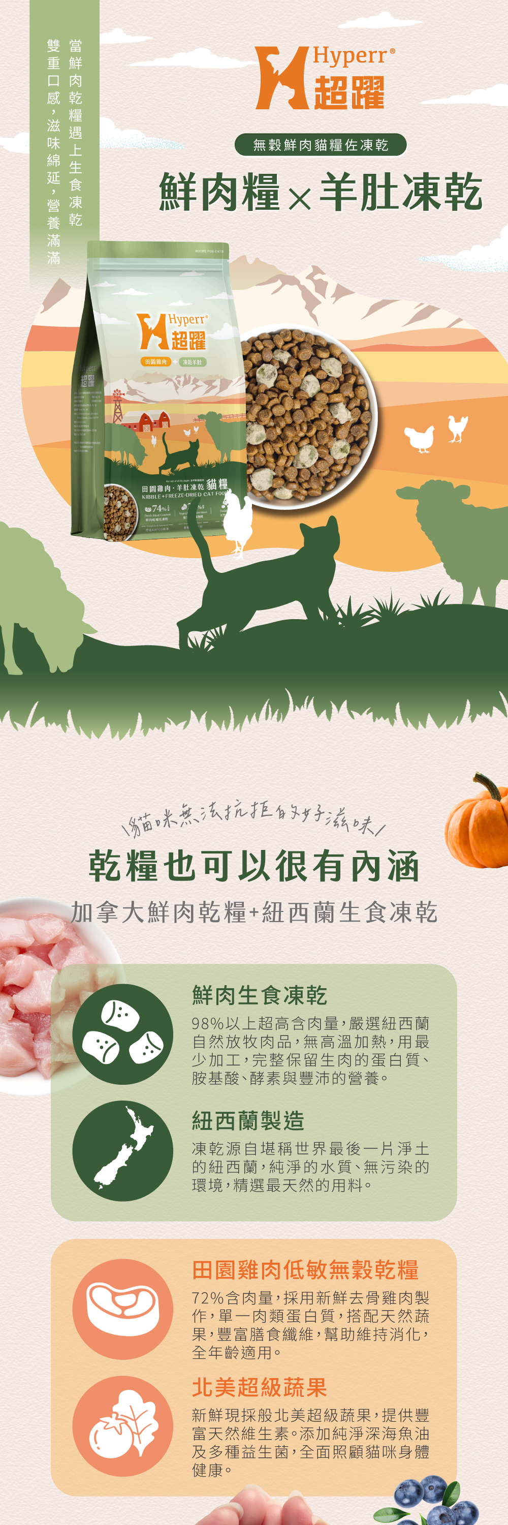 Hyperr超躍無穀鮮肉貓糧佐羊肚凍乾。顆粒飼料72%含肉量，採去骨雞肉製作，搭配北美新鮮蔬果，全面照護貓咪健康