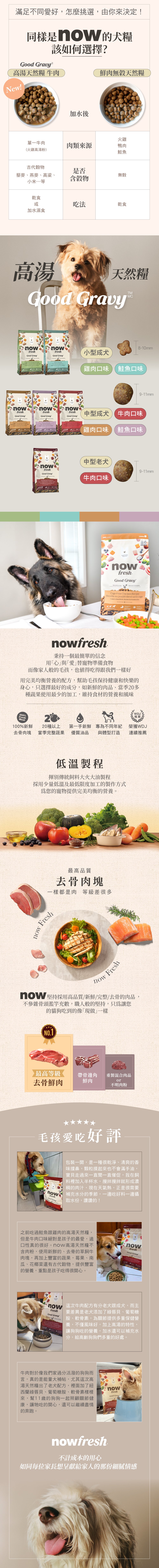 now高湯天然糧，分別有小型犬及中型犬配方，口味分別是雞肉及鮭魚。全程低溫製作，第一手新鮮優質油品搭配20種以上的天然蔬果，專為不同體型狗狗設計，獲得WDJ連續推薦犬糧。