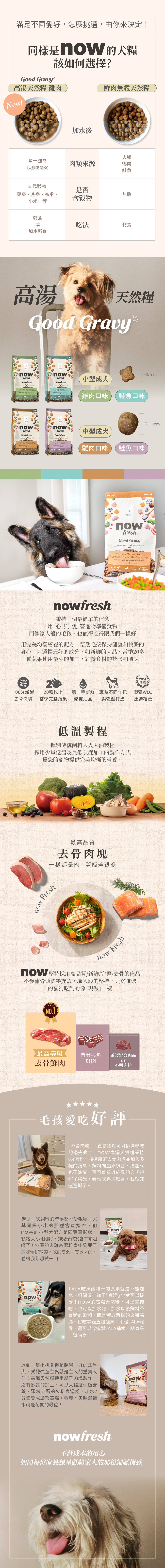 now高湯天然糧,分別有小型犬及中型犬配方,口味分別是雞肉及鮭魚。全程低溫製作,第一手新鮮優質油品搭配20種以上的天然蔬果,專為不同體型狗狗設計,獲得WDJ連續推薦犬糧。 now高湯天然糧,分別有小型犬及中型犬配方,口味分別是雞肉及鮭魚。全程低溫製作,第一手新鮮優質油品搭配20種以上的天然蔬果,專為不同體型狗狗設計,獲得WDJ連續推薦犬糧。
