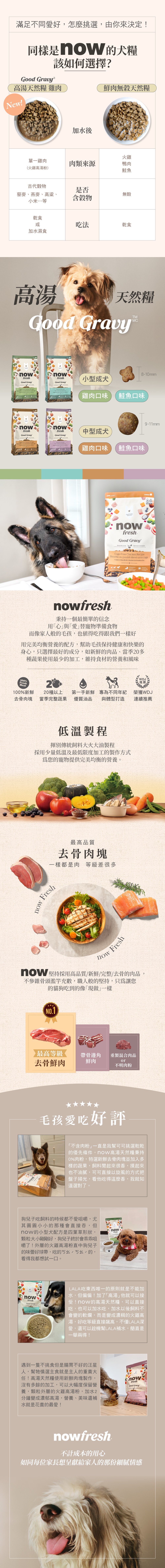 now高湯天然糧，分別有小型犬及中型犬配方，口味分別是雞肉及鮭魚。全程低溫製作，第一手新鮮優質油品搭配20種以上的天然蔬果，專為不同體型狗狗設計，獲得WDJ連續推薦犬糧。