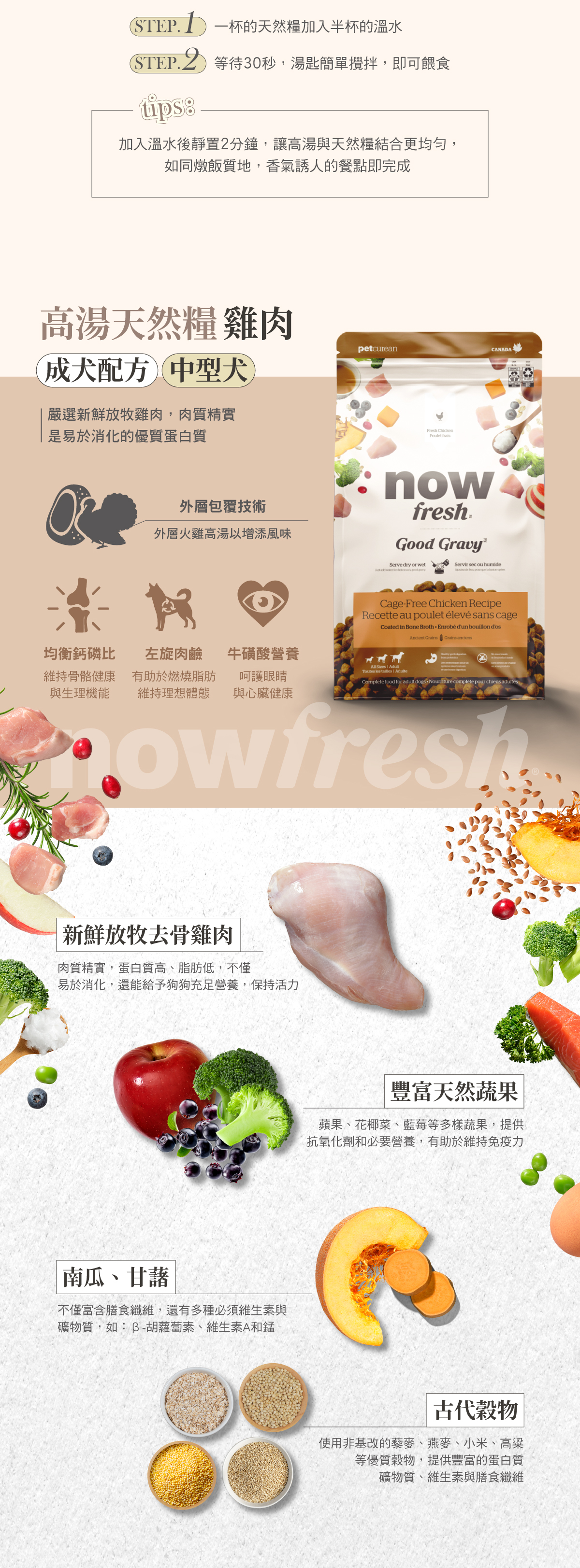 使用去骨肉塊,外層採火雞高湯添加風味,均衡鈣磷比,維持骨骼健康與生理機能。搭配天然蔬果,以及古代穀物,提供必需維生素B群及礦物質。 使用去骨肉塊,外層採火雞高湯添加風味,均衡鈣磷比,維持骨骼健康與生理機能。搭配天然蔬果,以及古代穀物,提供必需維生素B群及礦物質。