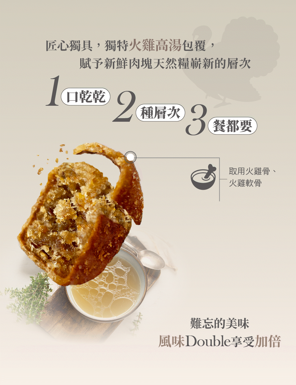 獨特火雞高湯粉包覆技術，一口乾乾，兩種層次，三餐都想要。
