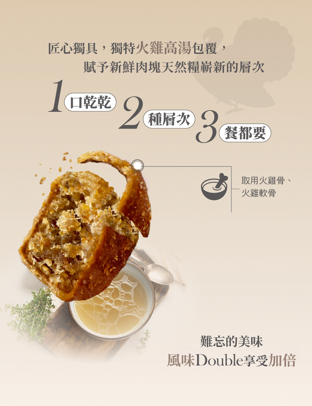 獨特火雞高湯粉包覆技術,一口乾乾,兩種層次,三餐都想要。 獨特火雞高湯粉包覆技術,一口乾乾,兩種層次,三餐都想要。