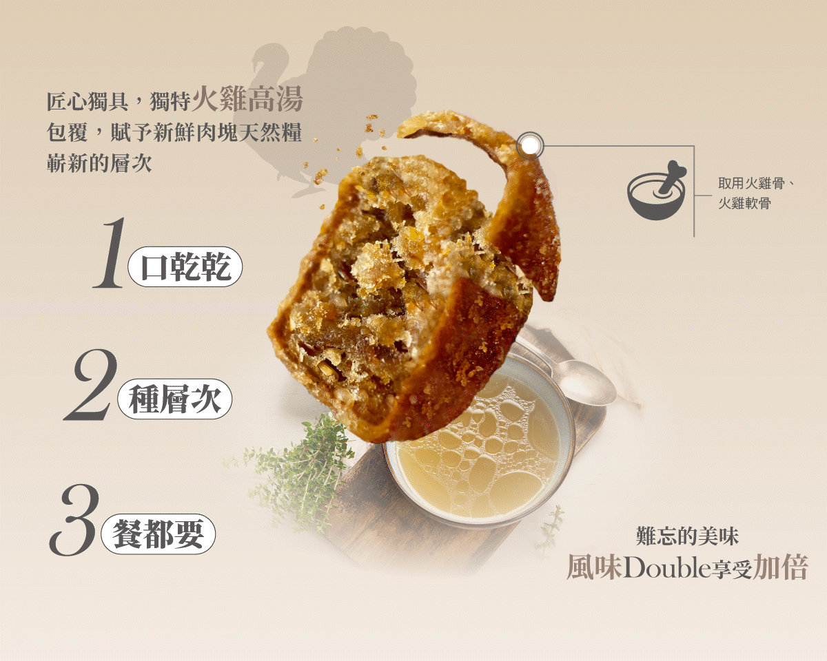 獨特火雞高湯粉包覆技術,一口乾乾,兩種層次,三餐都想要。 獨特火雞高湯粉包覆技術,一口乾乾,兩種層次,三餐都想要。