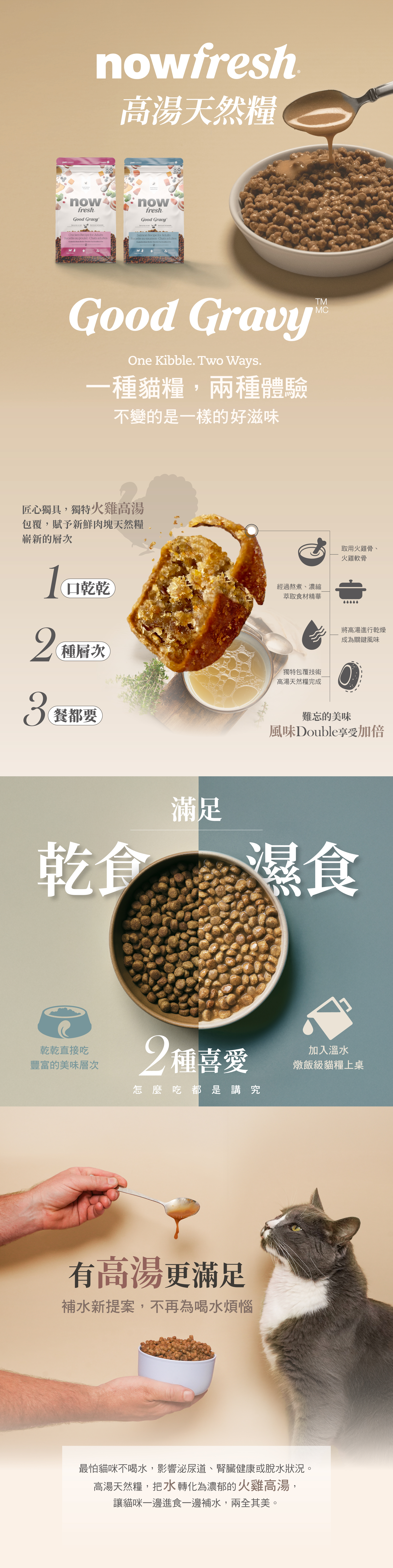 now高湯天然糧,一種貓糧兩種體驗。獨特火雞高湯粉包覆技術,一口乾乾,兩種層次,三餐都想要。乾食濕食接可搭配餵食,直接吃層次豐富,添加溫水,燉飯級貓糧上桌。使用去骨肉塊,外層採火雞高湯添加風味,均衡鈣磷比,維持骨骼健康與生理機能。 now高湯天然糧,一種貓糧兩種體驗。獨特火雞高湯粉包覆技術,一口乾乾,兩種層次,三餐都想要。乾食濕食接可搭配餵食,直接吃層次豐富,添加溫水,燉飯級貓糧上桌。使用去骨肉塊,外層採火雞高湯添加風味,均衡鈣磷比,維持骨骼健康與生理機能。