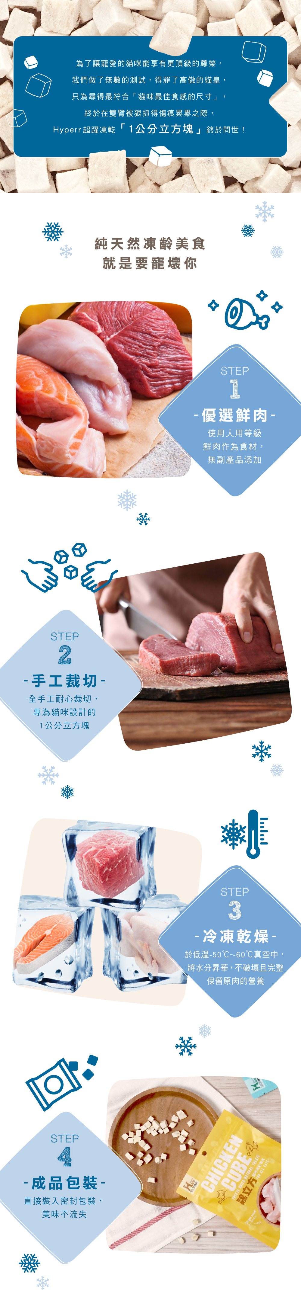 頭好壯壯營養高 貓咪最期待的獎勵點心 撲鼻的濃郁原野香味 吃得到牛肉的紮實口感 營養分析 蛋白質≧64%、脂肪≧5%、 纖維素≦1%、水分≦5% 熱量:361 cal/100g 重量:30g/包 尺寸:約1立方公分/塊 產地：台灣