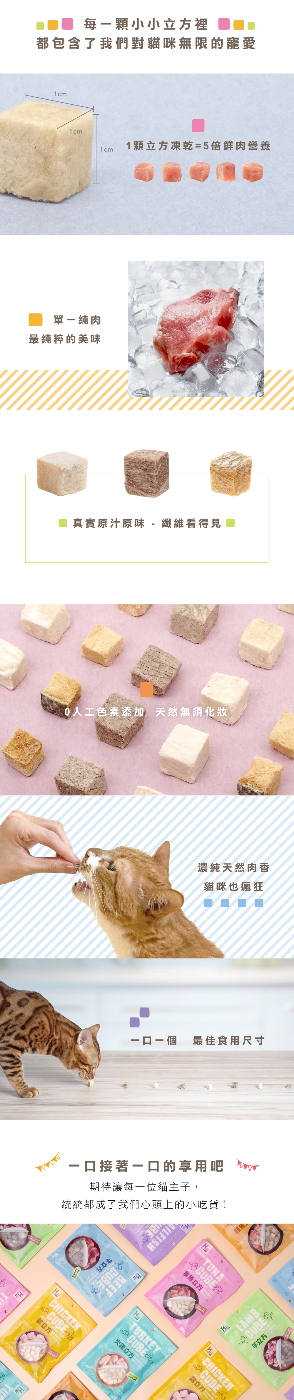 頭好壯壯營養高 貓咪最期待的獎勵點心 撲鼻的濃郁原野香味 吃得到牛肉的紮實口感 營養分析 蛋白質≧64%、脂肪≧5%、 纖維素≦1%、水分≦5% 熱量:361 cal/100g 重量:30g/包 尺寸:約1立方公分/塊 產地：台灣